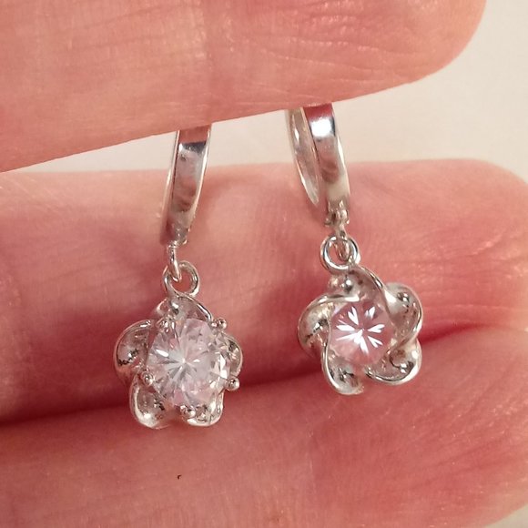 Sterling Silver Diamond Zircon Flower Swirl Dangle Earrings 6mm .84ctw ea Gift - Picture 3 of 4